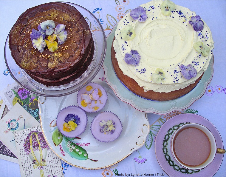 violets flower on cake
